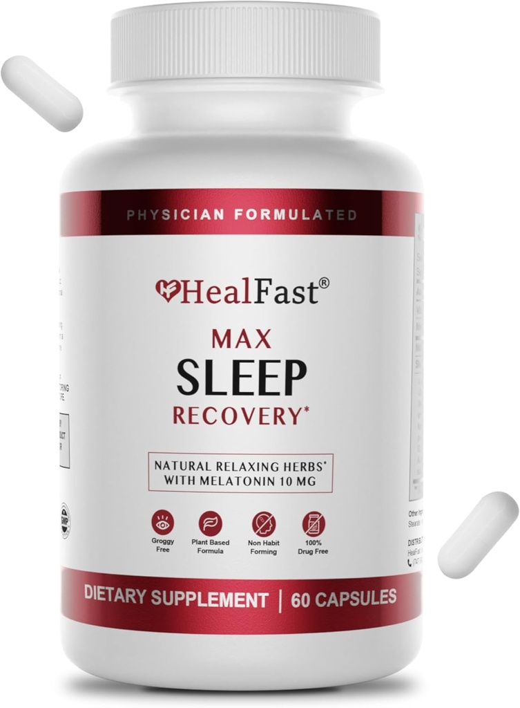 HealFast Physian Oblikovan Max Sleep Aid z dodatno močjo Melatonin 10mg - Hitro raztapljanje - Naravni pripomočki za spanje za odrasle - Melatonin tablete - Zelišča, aminokisline in Melatonin - 60 Ct