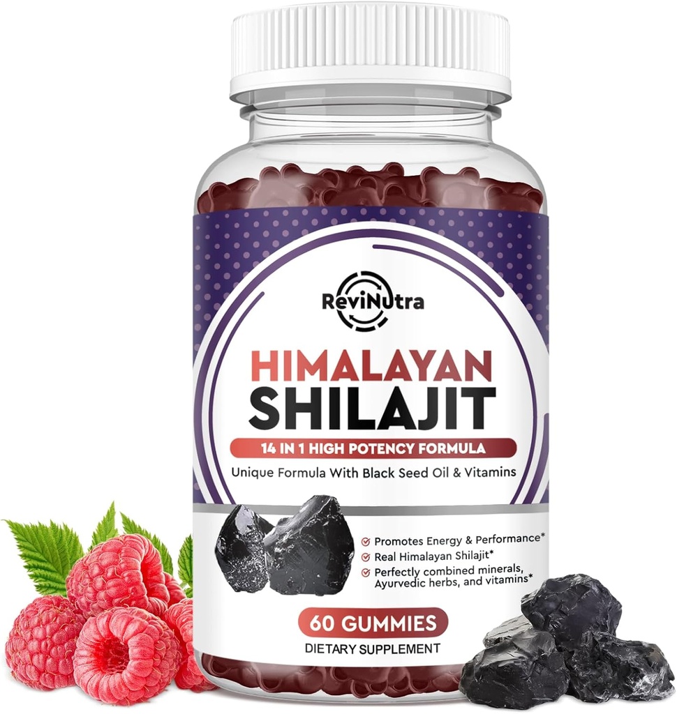 Shilajit Gummies - himalajski organski Shilajit dodatek 14-v-1 kompleks s črnim oljem in ajurvedskim zeliščem Blend, fulvična kislina za moške in ženske - za energijo, kognitivno in imunitetno podporo