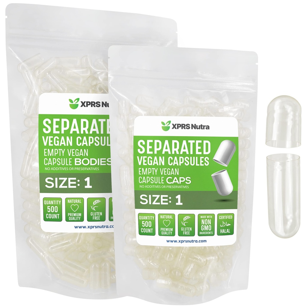 XPRS Nutra Vegan velikost 1 Ločene kapsule - 500 Štetje Premium prazne kapsule Ločene v vrečah - Počisti tablete 1 Prazno za DIY polnjenje
