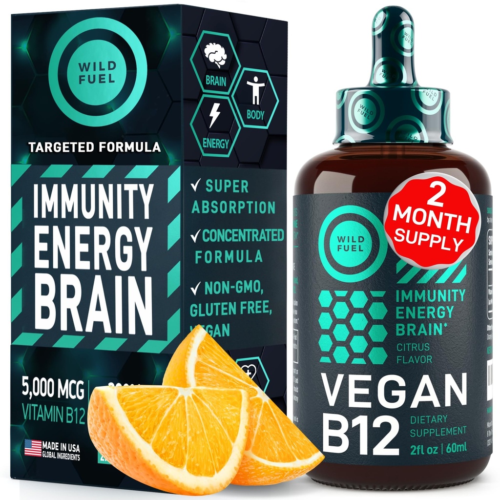 Veganski vitamin B12 Tekoče kapljice - hitro delujoče B12 Podjezično 5000 mcg Metilkobalamin Dodatek - Energija, spomin in Mood Podpora - Visokopoteznost Ena-Dropper na dan - Natural Citrus Flavor - 2oz