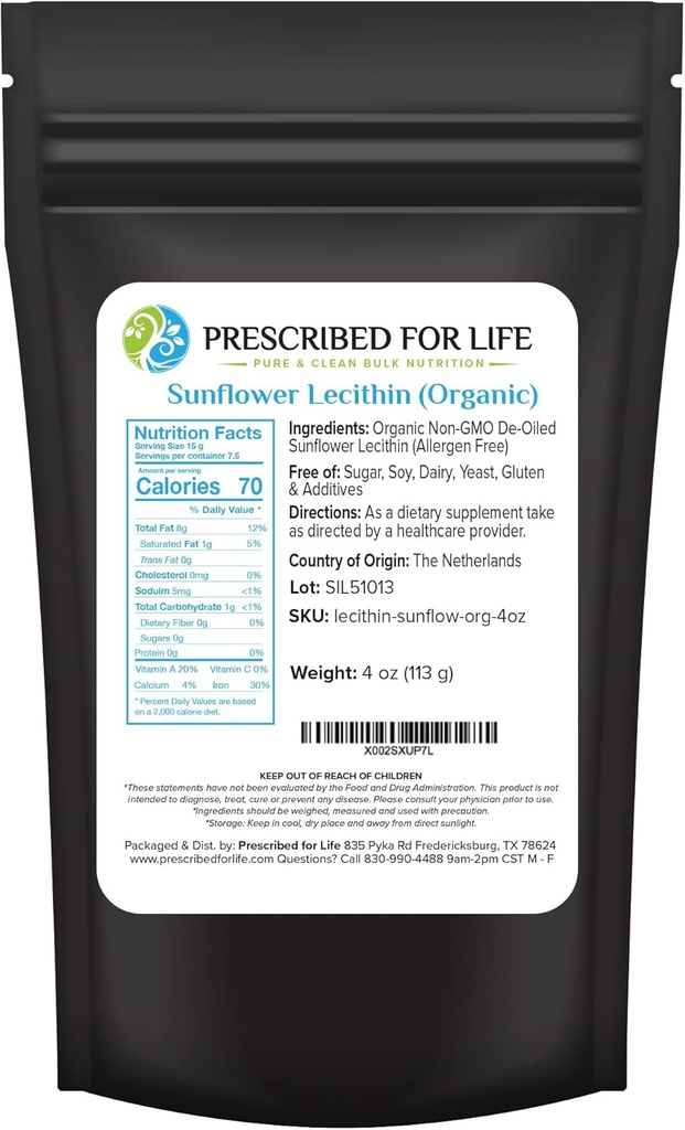 Predpisan za življenje organski sončnični lecitin v prahu, naravni, Gluten prost, Vegan, Non GSO, Soy Free, Kosher, Lecitin dodatek bogat s holinom in esencialne maščobne kisline (4oz / 113g)