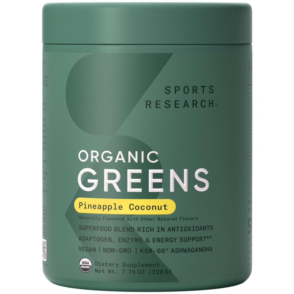 Sports Research® Organic Ananapple Coconut Zelena - Prebavno zdravje, naravna energija in Mood podpora* - Certified Organic Powder - 20 Servings