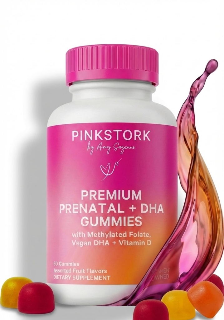 Pink Stork Premium prednatalni Gummy vitamini z DHA, Folat, in vitamin D - Multivitaminska in hranilna mešanica za nevrološke cevi in fetalni razvoj možganov - nosečnost mora imeti - 60 Veganski Gummies