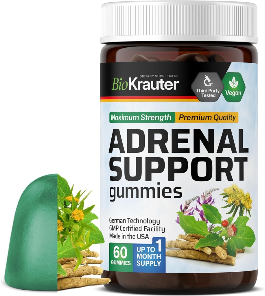 BIO KRAUTER Adrenalna podpora Gummies - 60 Chews - Rhodiola & Ashwagandha Gummies z vitamini C, B6, B12 - Veganski Mood podpora dodatek
