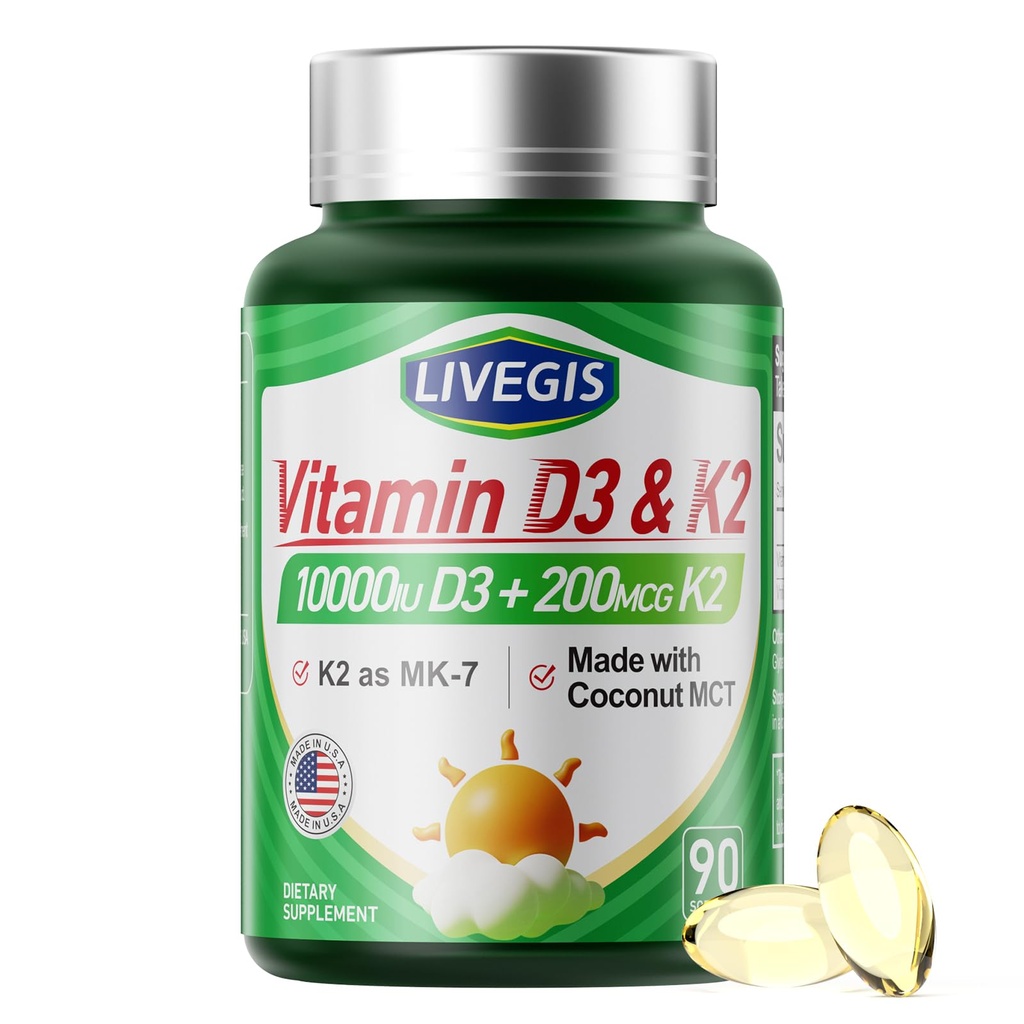 Vitamin D3 K2 Softgels, D3 10000 i.e. s K2 (MK-7) 200 μg s kokosovim oljem Softgels, Enostaven za požiranje 2 v 1 Vitamini D & K, podpira kalcijevo absorpcijo, imuno in zdravje srca - 90 števk