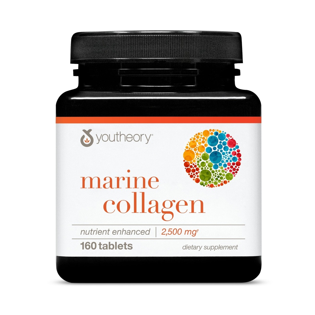 Youteory Marine Collagen - 2500 mg - Podpira sklepe, nohte, lase, kožo, kosti in mišice zdravje* - z aminokislinami, minerali in vitamini C, A, E, B6 & B12-160 Tablete (32-dnevna zaloga)