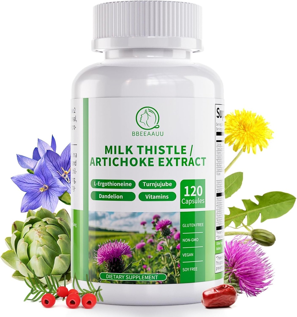 Milk Thistle dodatek, Jetrna čistila Detox in popravila Formula, 16-v-1 Zeliščna jetrna podpora tablete z artičoke, L-ergotionein, Turnjujube Dandelion Extract za jetra in antioksidant 120 kapsul