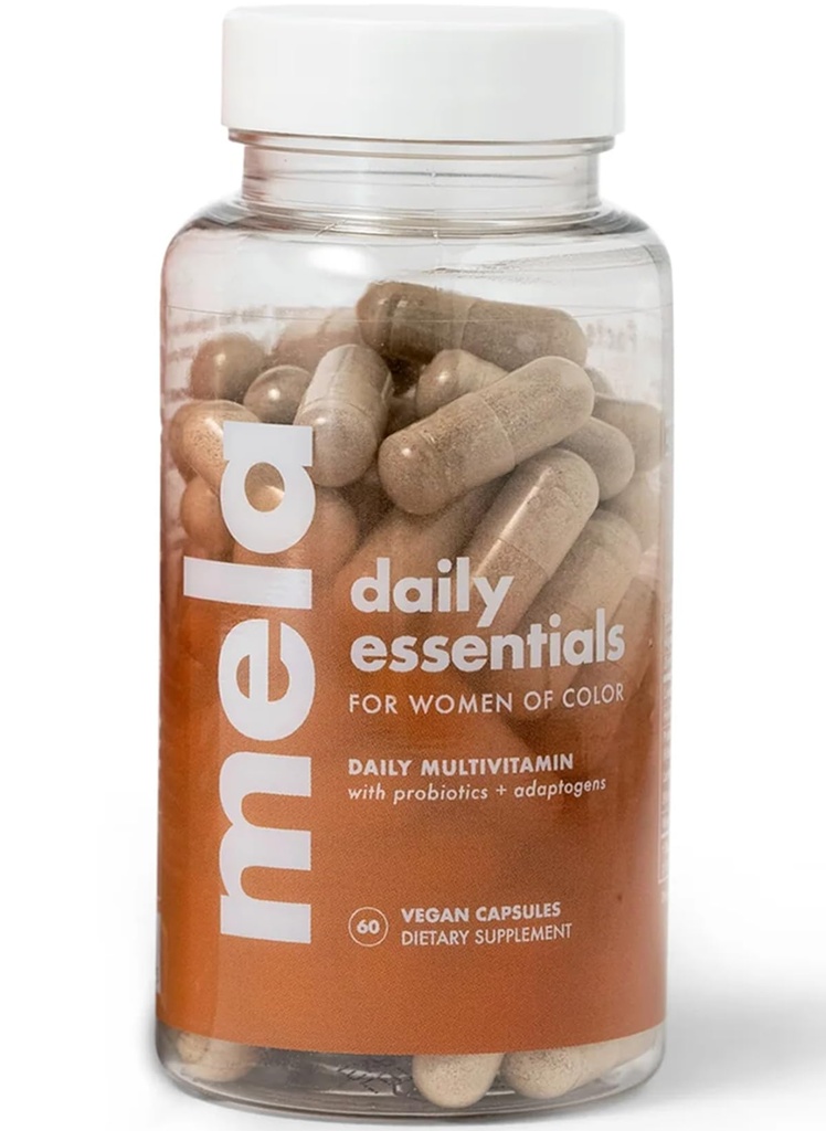 Mela Daily Essentials Multivitamin za melanirane ženske - vitamina D3 in B12 visoke doze, probiotiki, levja griva, cimet Cinnamon - Vegan, brez glutena, brez glutena, brez GMO, 30 dni (60 kapsul)