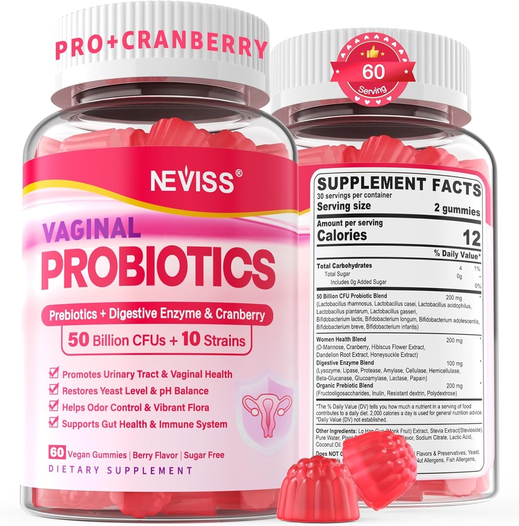 Vaginalni probiotiki Gumiji za ženske PH Balance, Odor Control s prebiotiki, Cranberry, D-mannose, Promocija Feminine Zdrava vaginalna Flora, Urinary Tract, Yeast, Prebavna podpora, Sladkor prost,120Cts