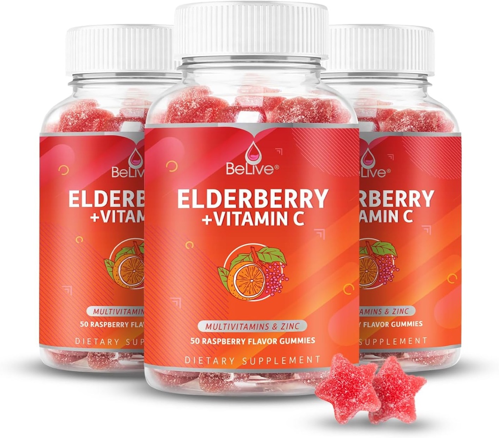 BeLive Elderberry Gummies z cinkom in vitaminom C - Imunska podpora dodatek z vitaminom D, A, E, B12 - Gummies za zdrave kosti & Zobje, Vegan, Keto & Non-GMO - Raspberry Flavor 