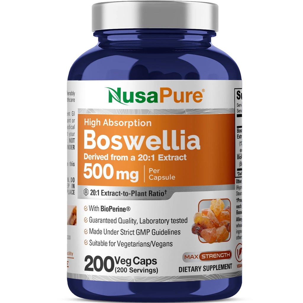 NusaPure Boswellia Serrata 10.000 mg na Veggie Caps 200 Število (tel. 20:1, Non-GMO, Vegan, Bioperine) Ajurvedski Herb: indijski Olibanum, Frankincense