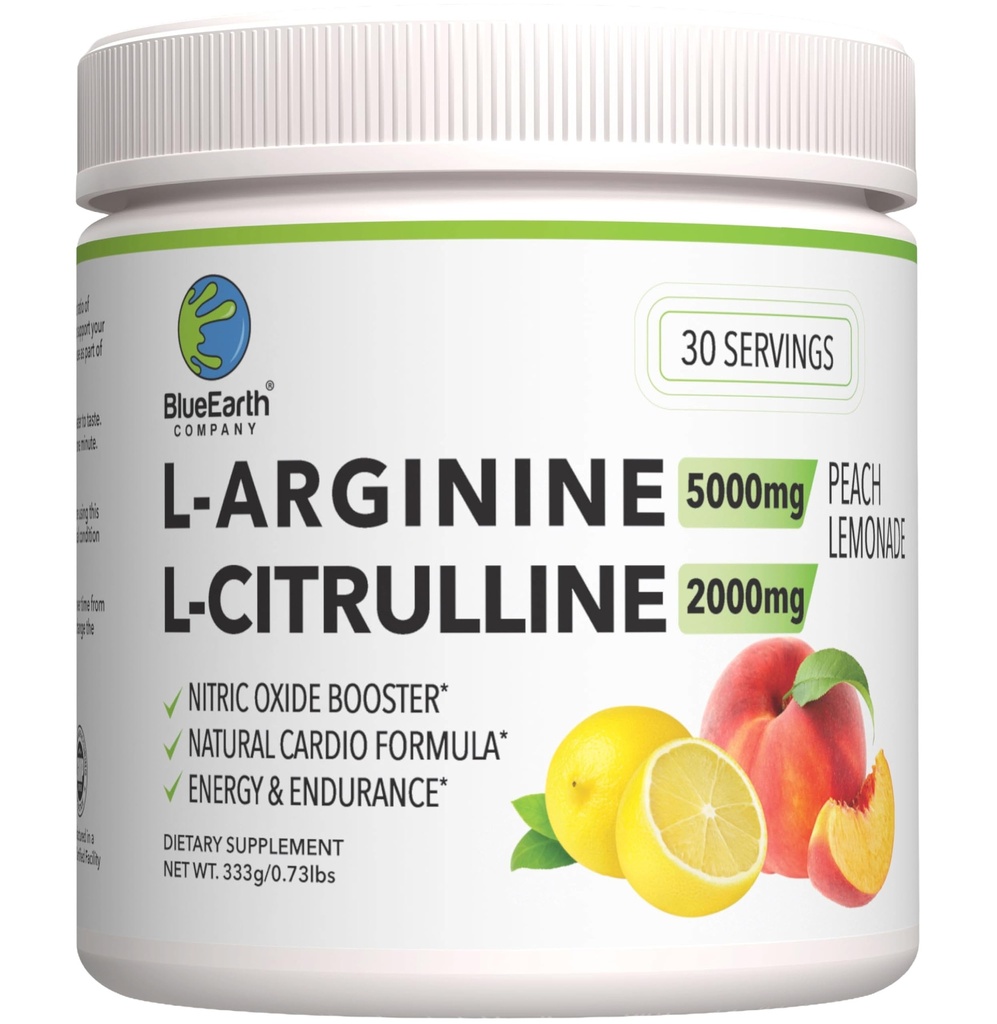 L-arginin 5000mg + L-citrulin 2000mg Kompleksni prašek dodatek - Dušikov oksid Booster - zdravje srca, pretok krvi, energija in vzdržljivost - 30 Servingade (Peach limonada)