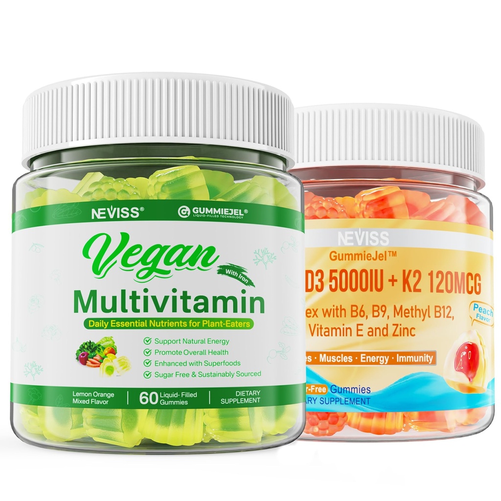 NEVIS Vitamin D3 5000IU + K2 (MK-7) 120mcg z veganskim multivitaminom za ženske z železom, vitamin B12, A, D3, K2, Algae Omega 3, magnezij, cink