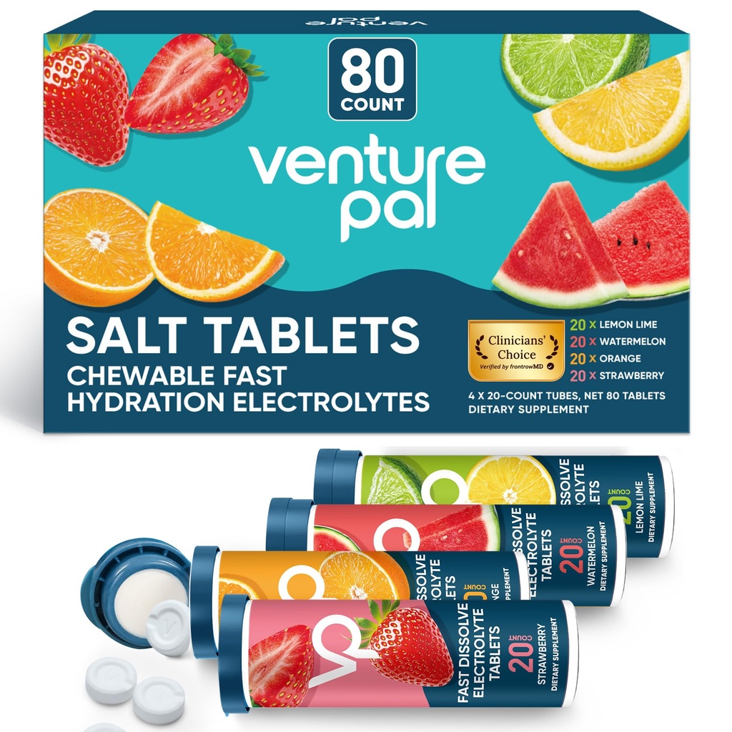 Venture Pal Žvečljive elektrolitske tablete, 80 Štetje hitro raztapljanje Sugar-free palčke Sol tablete - Variety Pack za hitro hidracijo, zunanji tek, pohodništvo, športi 