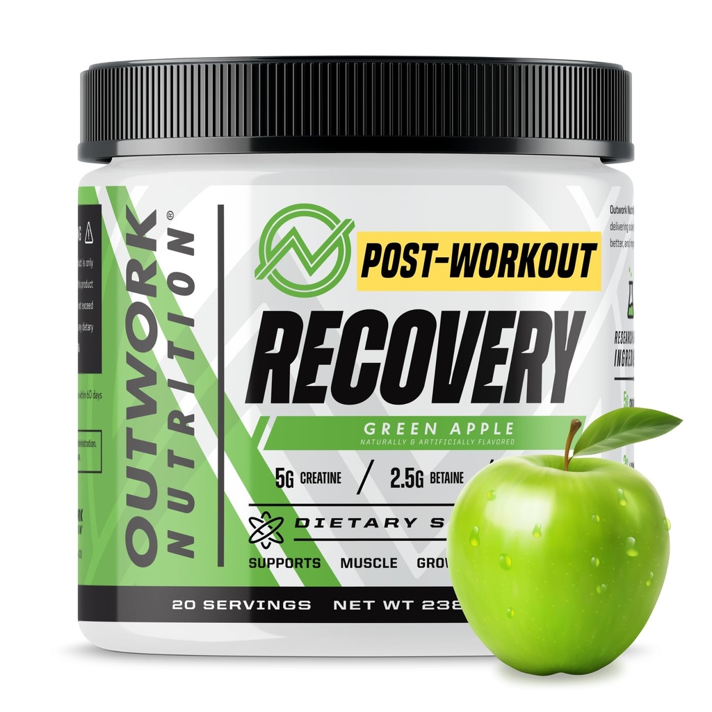 Outwork Nutrition Post Workout Recovery Powder - Kreatin monohidrat, KSM-66 Ashwagandha & Tart Cherry - Hitrosti okrevanja, Rahla občutljivost - Kreatin Prašek za moške in ženske, Zelena Apple, 240 Gr