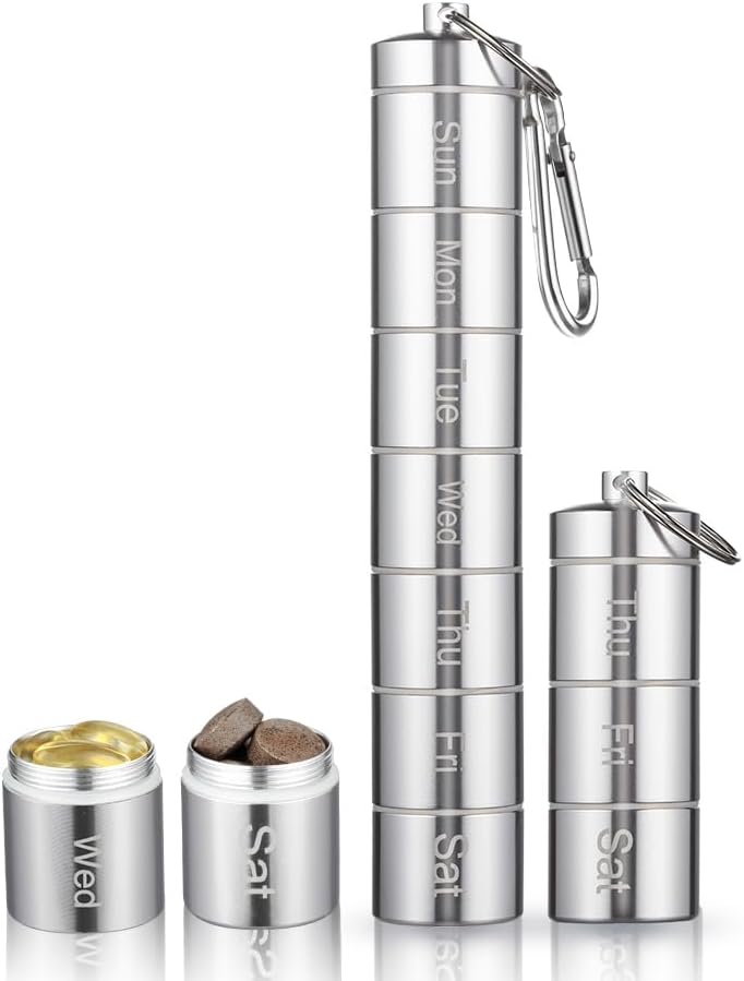 Metal Moistrume Proof Weekly Pill Organizator 7 dan 3 krat na dan, Stackable Aluminum Alloy Free Travel Pill Box Primer vodoodporne in velik Compartment za zadrževanje tablete, vitamini, ribje olje, Supplem