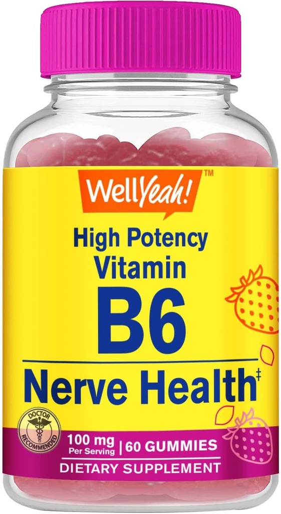 WellYease High Potency Vitamin B6 Gumies - spodbuja živčno zdravje, kognitivne funkcije, Mood Regulation, Imunska podpora, in kardiovaskularno zdravje - Vegan, Non-GMO, Gluten-free - 60 Count