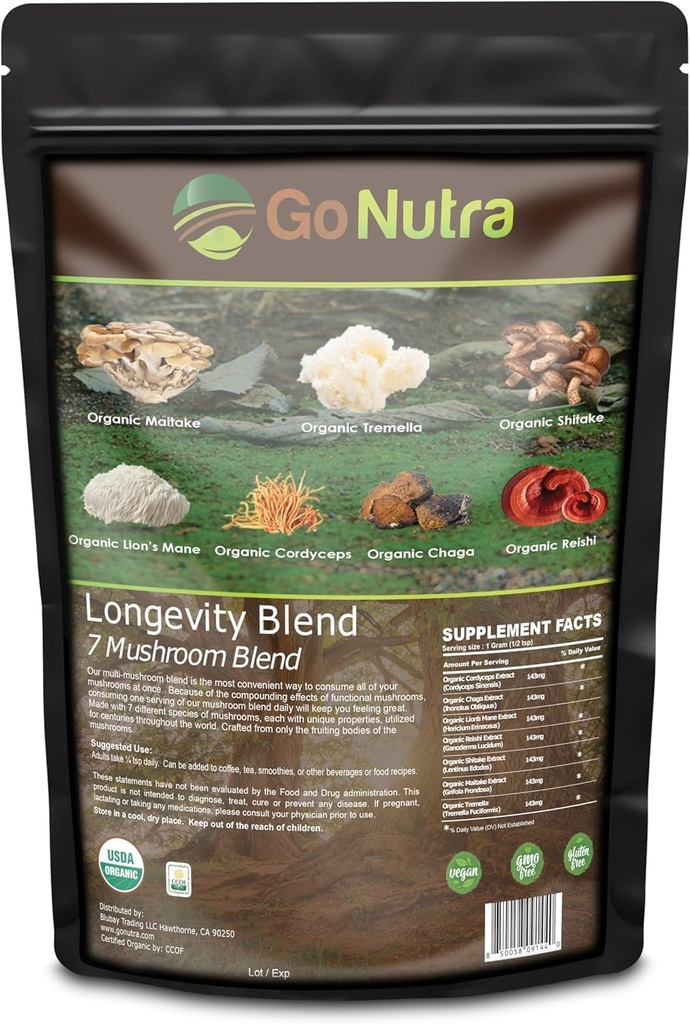 Go Nutra - Organic 7 Goba dopolnilo, Dolgoživost goba v prahu z levjo grivo, Chaga, Shiitake, Maitake, Reishi, Tremella, in Cordyceps gobe, Non-GMO, Gluten-free, Vegan, 8 oz