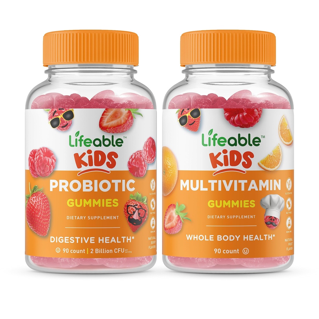Življenjski probiotik 2 milijarda CFU otroci + multivitaminski otroci, Gummies Bundle - odlično degustacijo, Vitamin dodatek, Gluten brezplačno, GSO brezplačno, Žvečljivi gumi