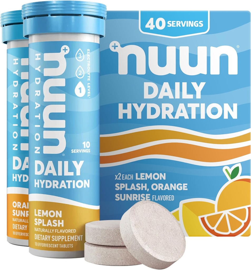 Nuun Daily Electrolyte tablete z magnezijem, kalcij, kalij, klorid in natrij, brez glutena, brez sladkorja, & vegan, mešana aroma citrusov, 4 pakiranja (40 skupaj)
