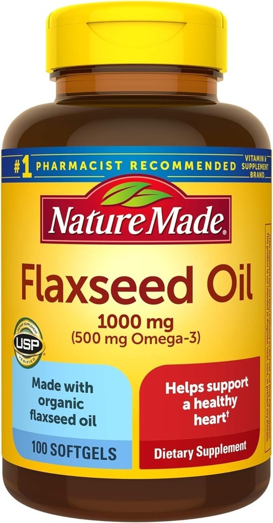 Nature Made Laneno olje 1000 mg, Fish Free Omega 3 dodatek, prehranska dopolnila za zdravje srca, 100 Softgels, 100 dnevna dobava