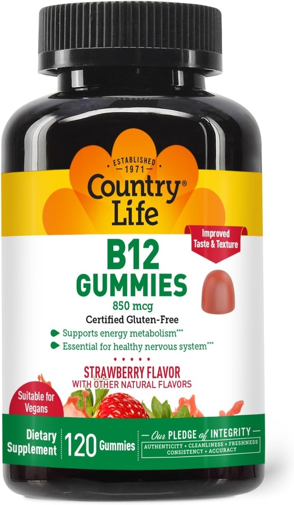 Country Life Vitamin B12 Gumies – 850 mcg Cyanocobalamin, 120 Count – Vegan, Gluten-free Gummy dodatek za energijo Presnova in živčni sistem podpora – naravna jagoda aroma, 2g sladkor