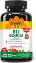 Country Life Vitamin B12 Gumies – 850 mcg Cyanocobalamin, 120 Count – Vegan, Gluten-free Gummy dodatek za energijo Presnova in živčni sistem podpora – naravna jagoda aroma, 2g sladkor