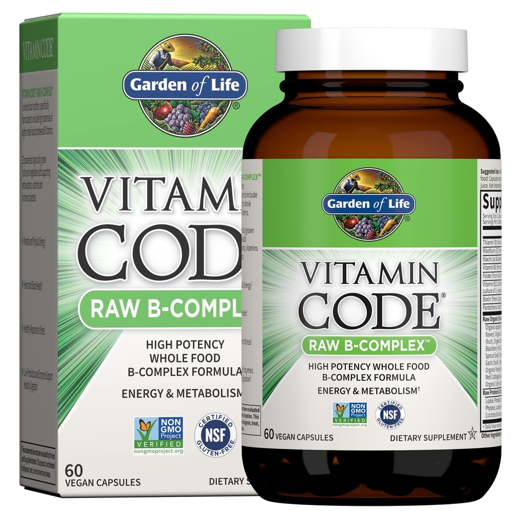 Vrt življenja Vitamin B Complex, 60 Veganske kapsule, Visoka moč Vitamini za energijo in presnovo z B6, Folat & B12 kot metilkobalamin Plus probiotiki