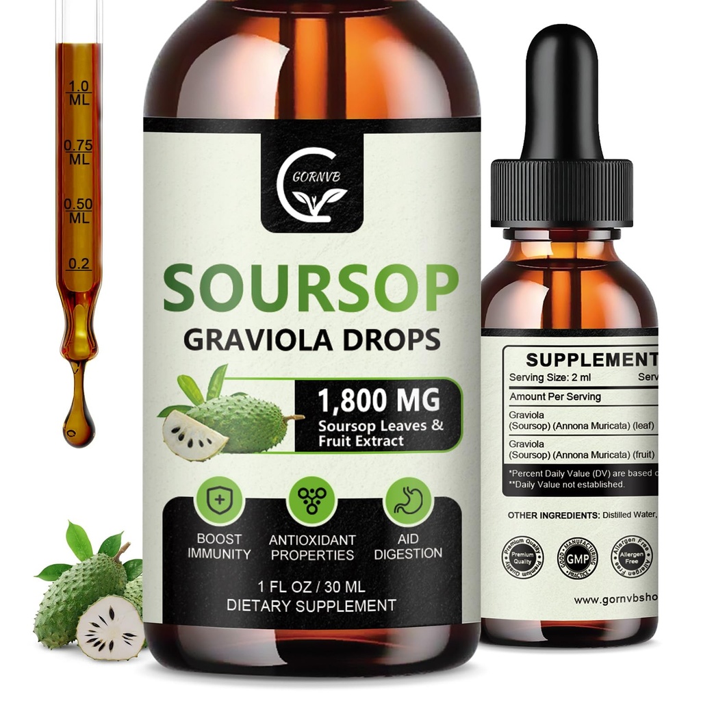(2 pakiranji) Soursop Graviola Tekoče kapljice 1800mg, 98% Absorpcija Soursop Bitters Tekoči za podporo celic in regeneracijo, Imunsko povečanje, Sprostitev, Jetra in spanje, Zeliščna dobrota, Gluten Free, 1 Fl Oz