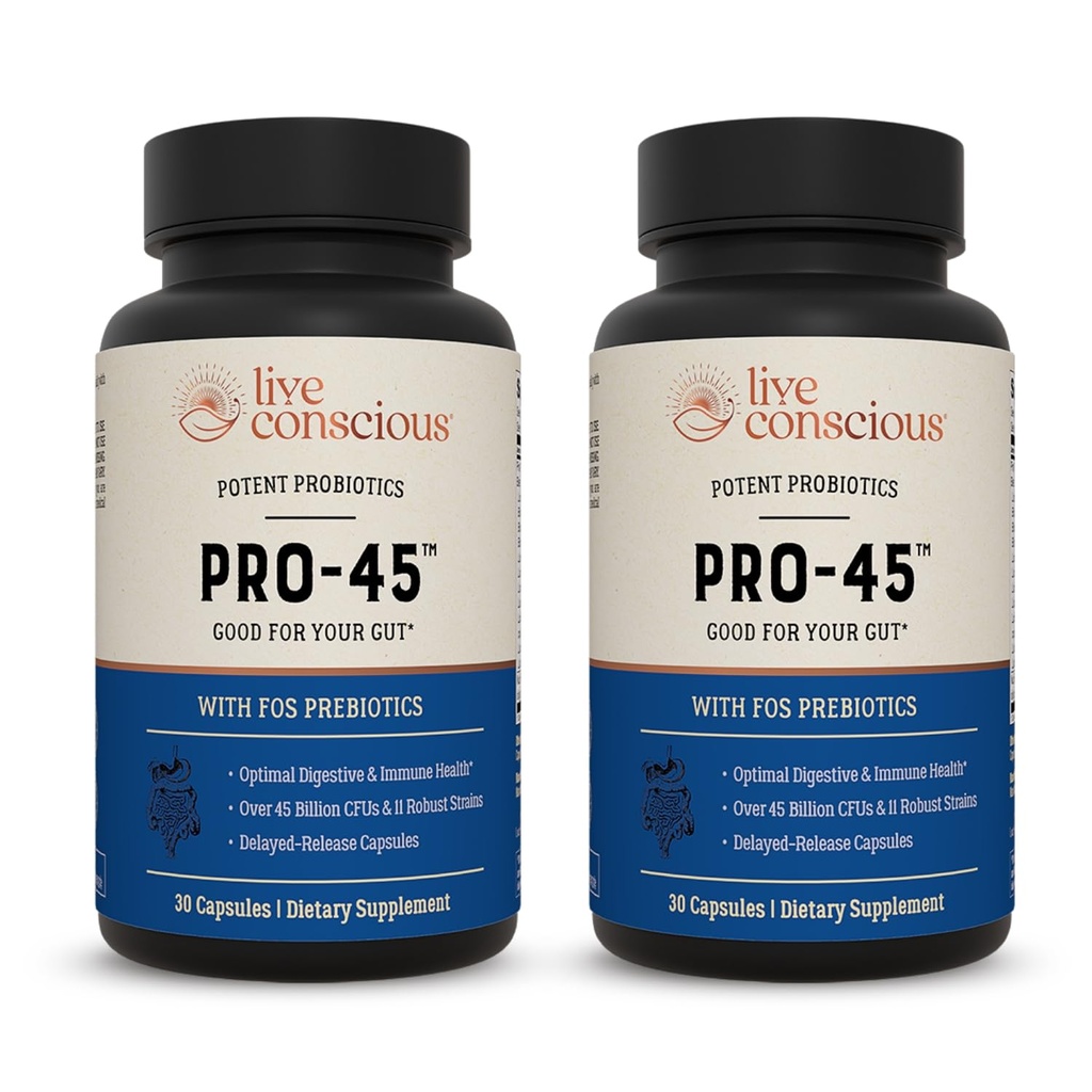 Live Conscious PRO45: Probiotic Formula, 45 milijard CFU, 11 Celoviti sevi. Zapozneli pokrovi za zelenjavo. Promocija imunskega in prebavnega zdravja. 60 Kapsule (2-Pack)