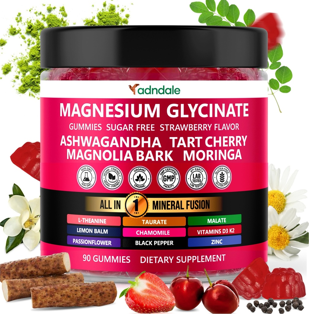Adndale 90ct 15-in-1 Magnezijev glicinat Gumies 400 mg/serv- z magnezijevim malatom, Ashwagandha, Tart Cherry, Magnolia Bark, limonin balzam, pasijonka, kamilica, L-teanin, cink, vitamin K2 & D3
