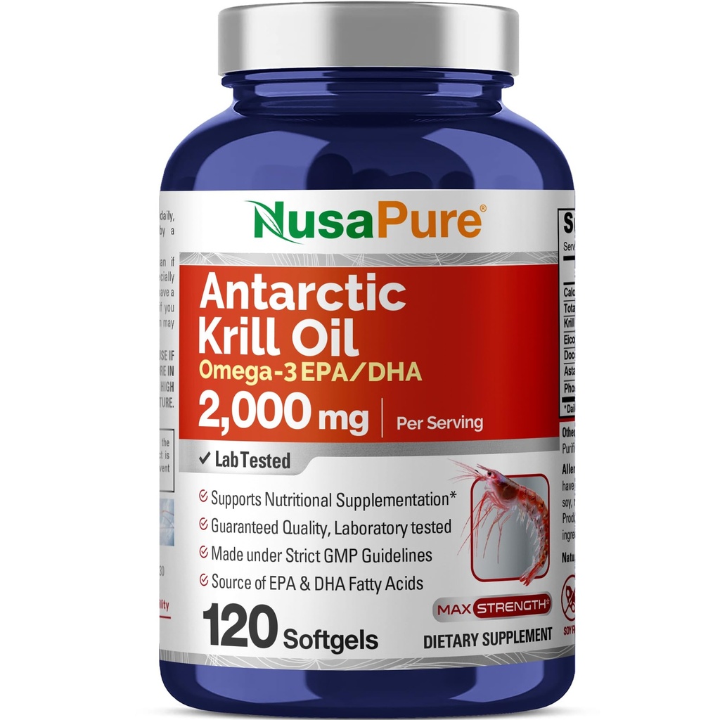 NusaPure Antarktika Krill Oil 2000 mg 120 Softgels, Omega-3 EPA 360mg, DHA 240mg, Soyfree Astaksantin Dodatek Izvira iz Krill 800ppm