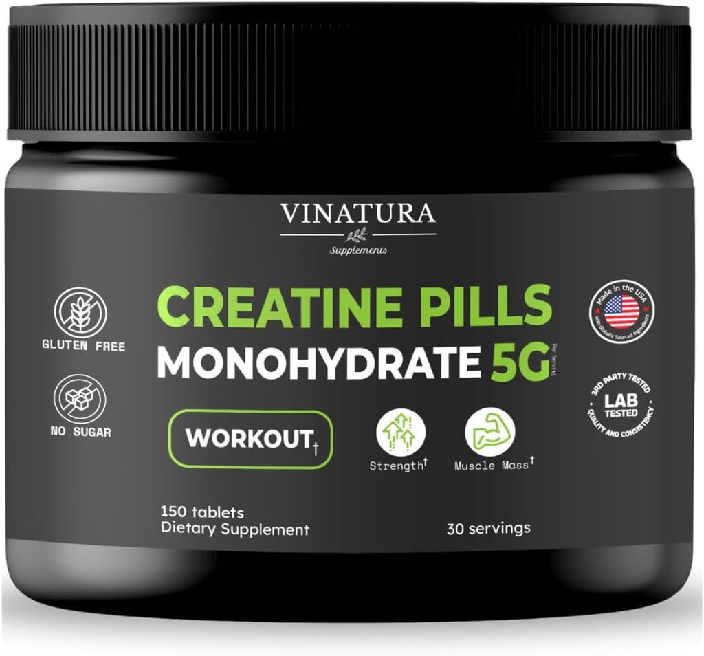 VINATURA Kreatin tablete monohidrata 5g - kreatin tablete, kreatin tablete za moške, ženske, kreatin en capsulas *ZDA Made & Tested* Nearomatiziran kreatin monohidrat v prahu alt, 150 tablet 30 odmerkov