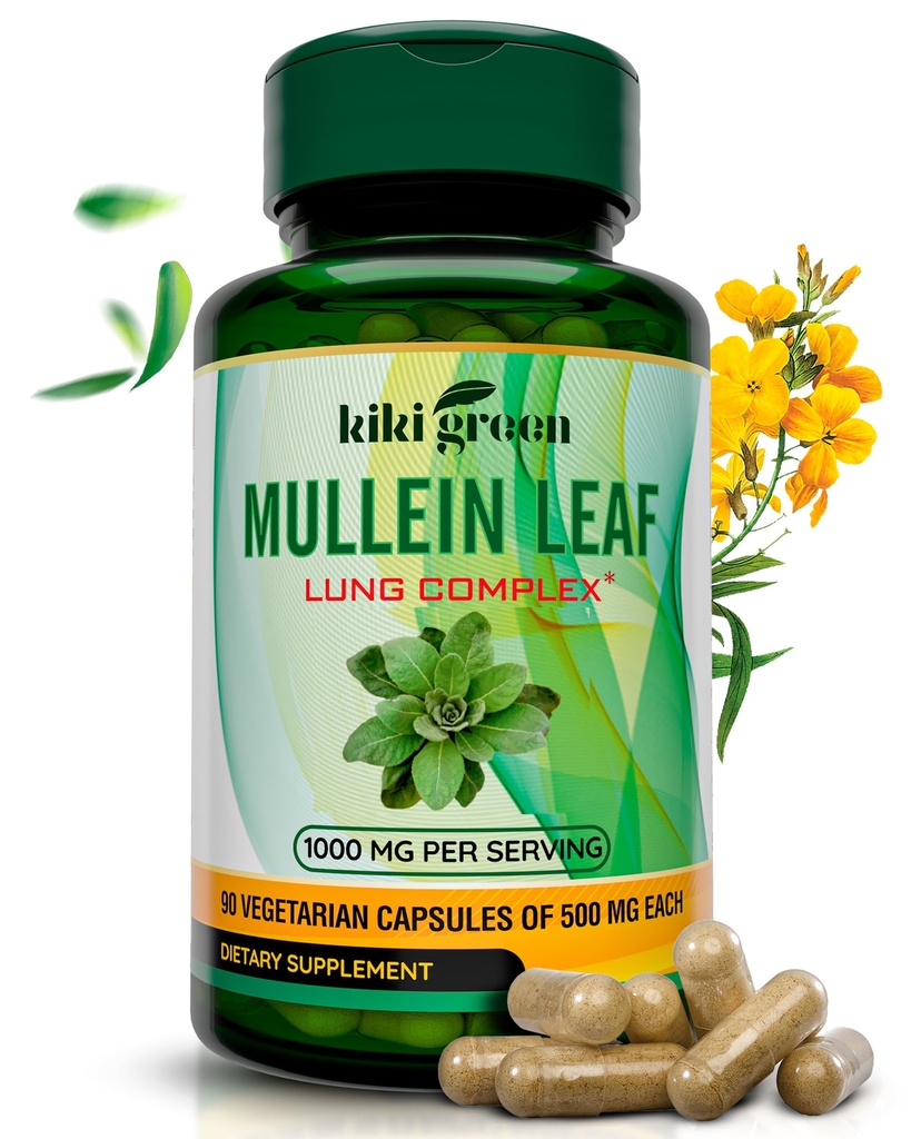 KIKI Green Mullein Leaf Extract kapsule - Veganski zeliščni dodatek - za čiščenje pljuč, podpora, boljše dihanje, imunske funkcije - 1000mg 45 Serving - 90 Število