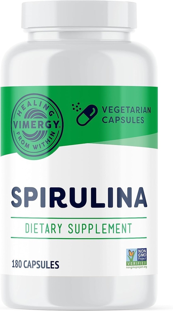 Kapsule zdravila Vimergy Spirulina – koncentrirane rastlinske beljakovine podpirajo imuno zdravje in kardiovaskularno delovanje – Vegan, Košir, brez glutena – 180 kapsul