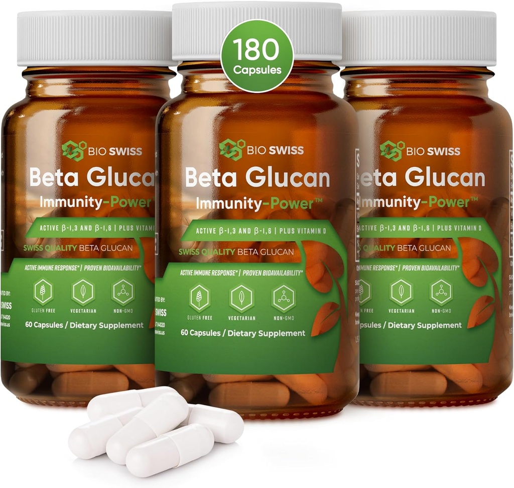 Bio Swiss Beta Glucan Imunity Power - 1,3D-1,6D Glucan z vitaminom D - Imunski dodatek za izboljšano obrambo in wellness - Vegan, Gluten-free (180 kapsul)