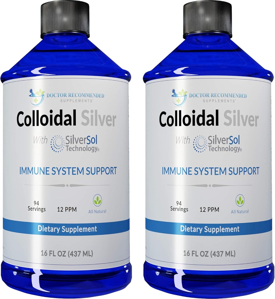 Coloidal Silver Liquid - 12 PPM Premium Silver Solution, 60 MCG na strežbo, All Natural, Veganski imunski sistem Podpora, Ionic Silver Water Daily Mineral Supplement (2-16 Fl oz steklenice)