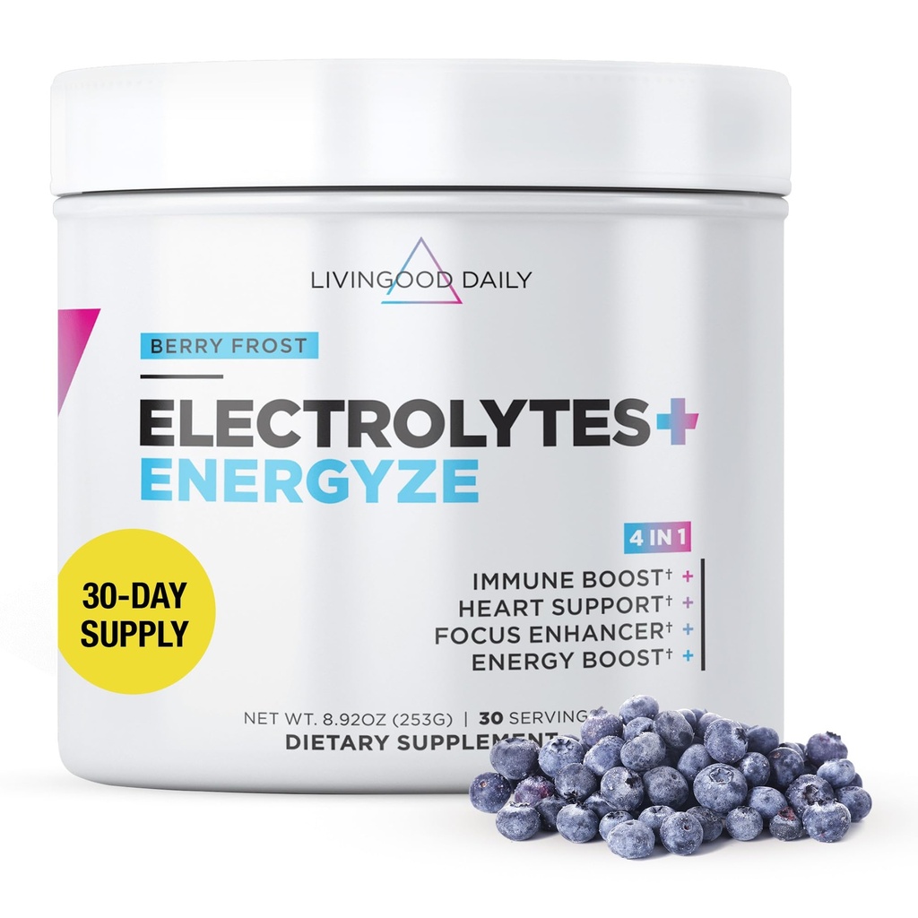 Livingood Daily Electrolytes Powder, Elektrolitski Hidracijski Drink Mešamo z vitaminom C, Magnezij, Taurin & Morska sol, Elektrolitski dodatek za energijo in hidracijo, Keto, Berry Frost Flavor, 30 Srvgs