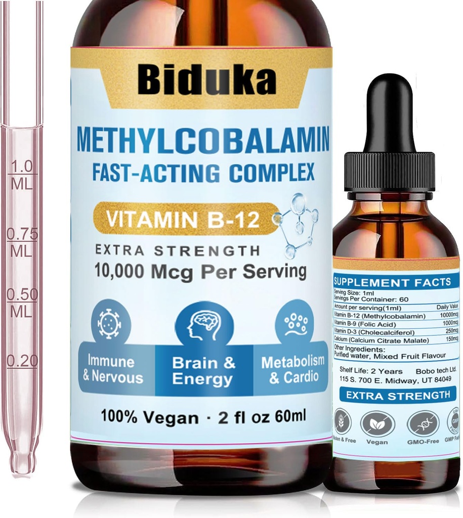 10.000mcg Vitamin B12 Podjezične tekoče kapljice, Edinstvena formula z D3, B9(Folna kislina), Kalcij, Podporna energija, Srce, Mood, Možgani, Imunski sistem, Vegetarian, Ne-GMO & Gluten Prost