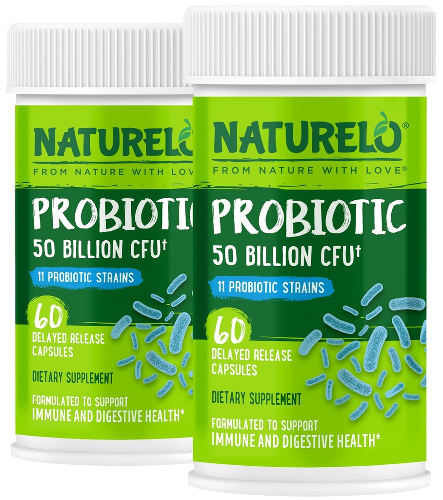 Naturelo probiotiki za digestivno zdravje - 50 milijard CFU, 11 sevov, dodatek za dnevno uporabo - okrepi imunski sistem, zapoznelo sproščanje, brez hladilnika, 60 vegetarijanskih kapsul (paket po 2)