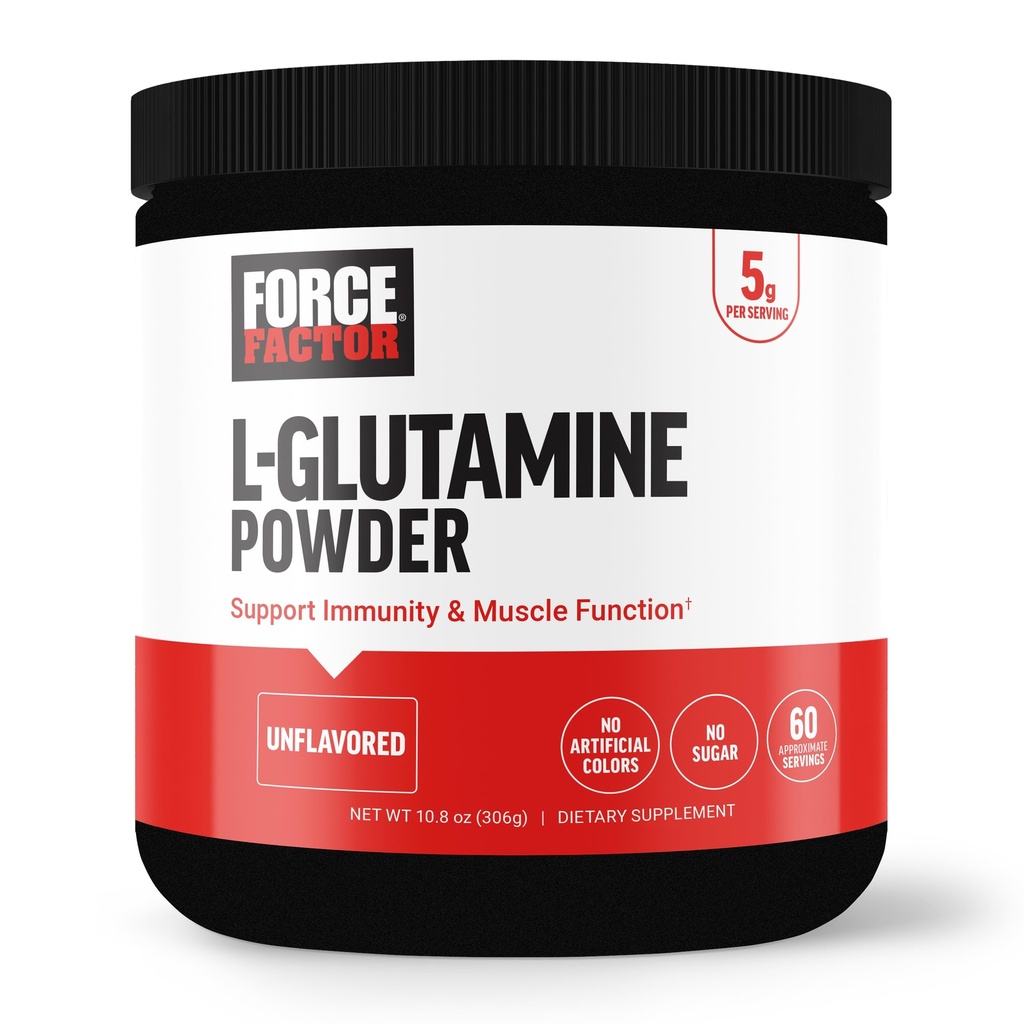 FORCE FACTOR L-glutamin prašek za okrevanje po treningu, okrevanje mišic, zdravo delovanje mišic in imuniteto, 5000mg/5g glutamin dodatek, Vegan, Non-GMO, 60 Servingi