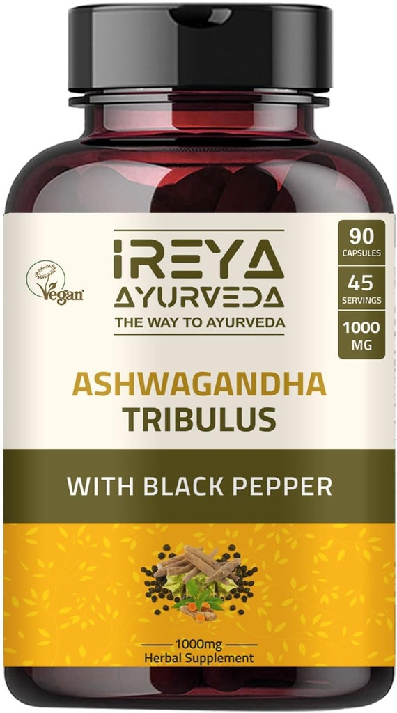 Kapsule Ashwagandha Organic 1000mg (90 kapsul) Izdelane s Tribulus Terrestris, Shatavari in črnim poprom Organske sestavine 