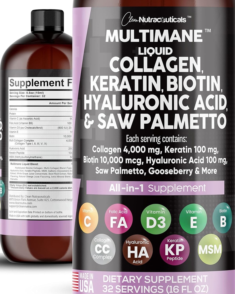 Čisti nutracevtiki Tekoči kolagen 4000mg Biotin 10000mcg Keratin 100mg Žaga Palmetto Hyaluronska kislina 100mg - Koža in nohti za lase Vitamini in DHT Blokator z vitaminom D3 MSM 50mg Izdelano v ZDA - 16 Fl. Oz