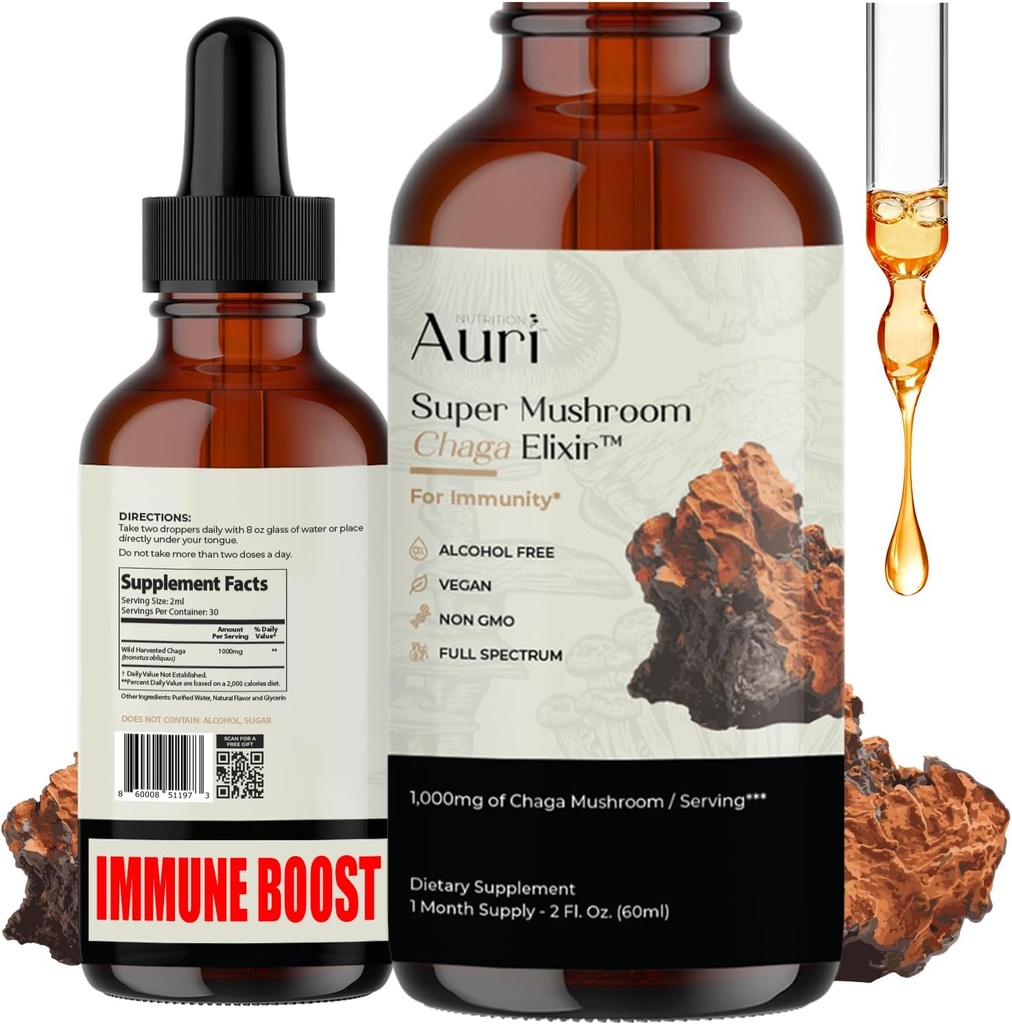 Auri Super Chaga Elixir - Gobe Superfood Tekoči dodatek s polnim spektrom Imunska podpora iz oksidativnega stresa in energije Lift - Chaga Tinkture 60ml