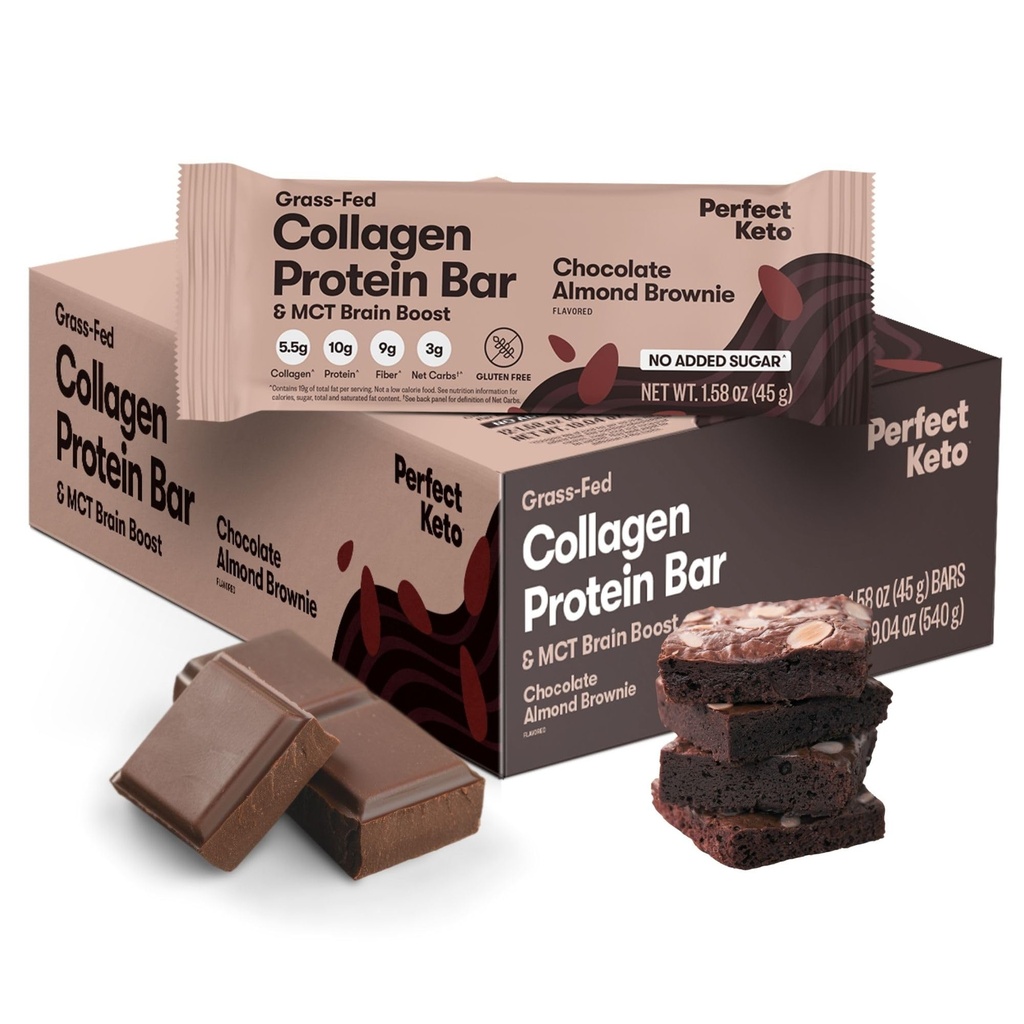 Perfect Keto Bars - Najčistejši Keto prigrizki z Colagen in MCT. Brez dodanega sladkorja, keto prehrana prijazno - 3g neto ogljikovih hidratov, 19g maščobe, 10g beljakovin - dietna hrana sladica (Almond Butter Brownie, 12 barov)