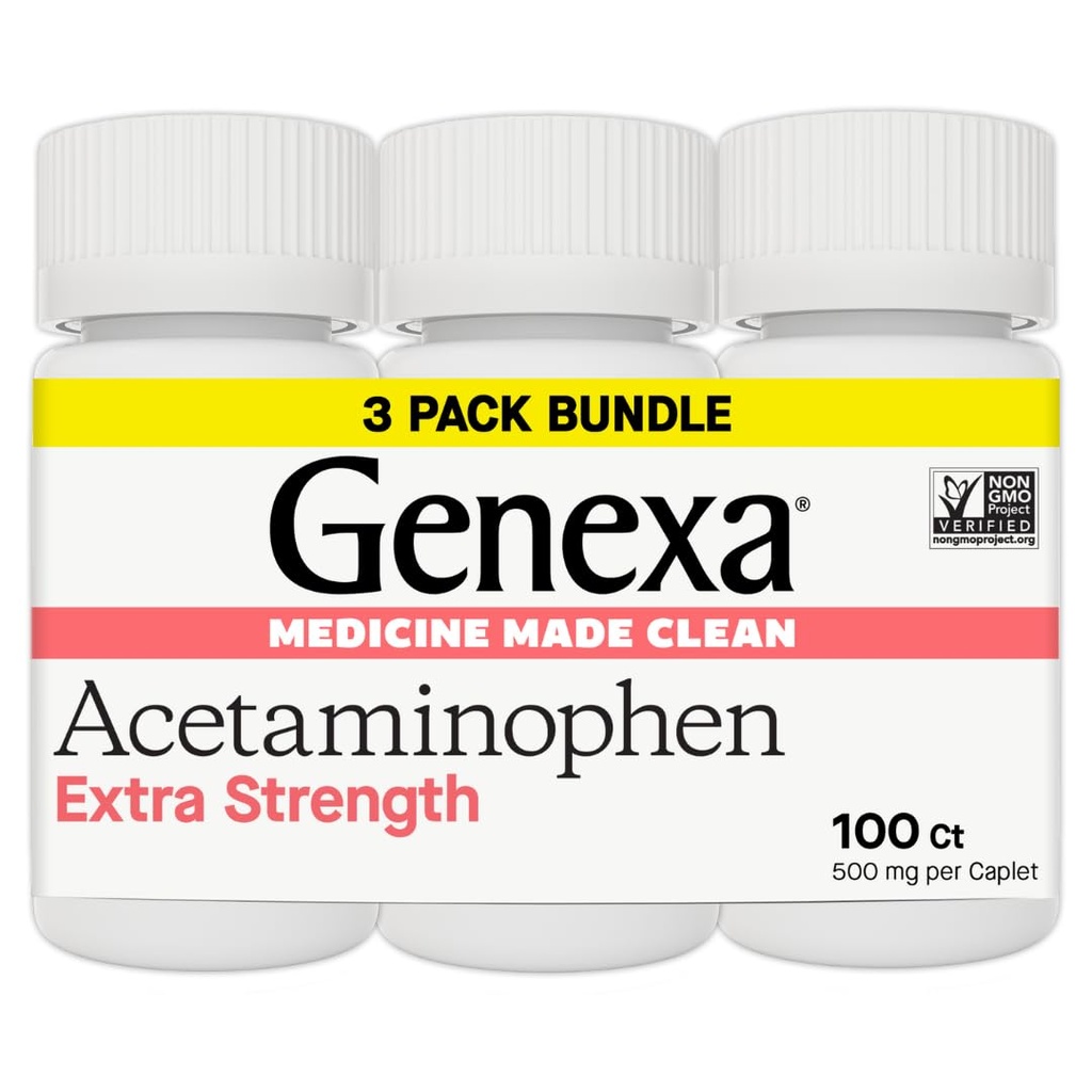 Genexa Clean Acetamofen 500mg Dodatna moč, Barvilo brez bolečine Reliever Fever Reader, 0% Umetni dodatki, Pain Medicine za odrasle, Olajša glavobol, Backache, Manjši Artritis Bolečine, 300 tablet