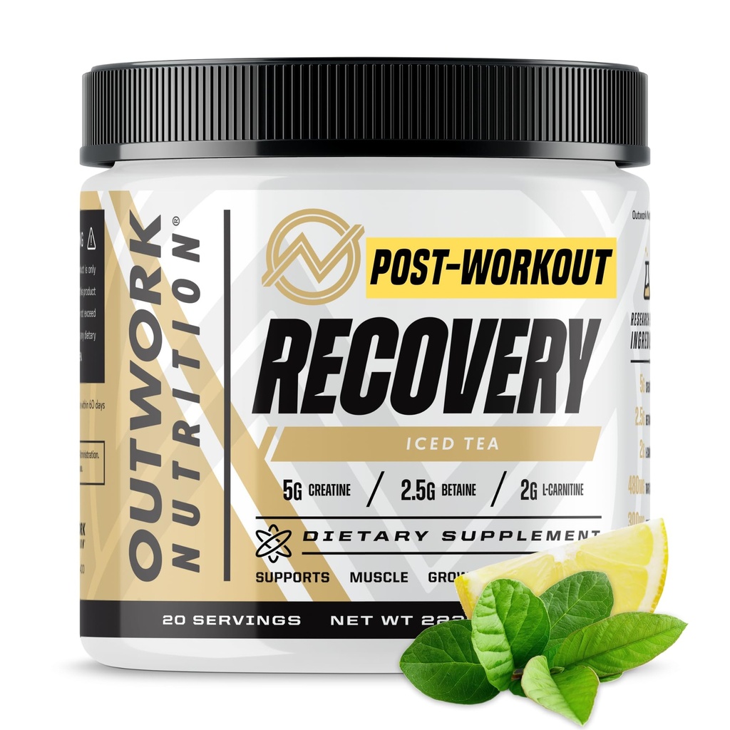 Outwork Nutrition Post Workout Recovery Powder - Kreatin monohidrat, KSM-66 Ashwagandha & Tart Cherry - Hitrosti recovery, Rahla bolečina - Kreatin Prašek za moške in ženske, ledeni čaj, 240 Gr