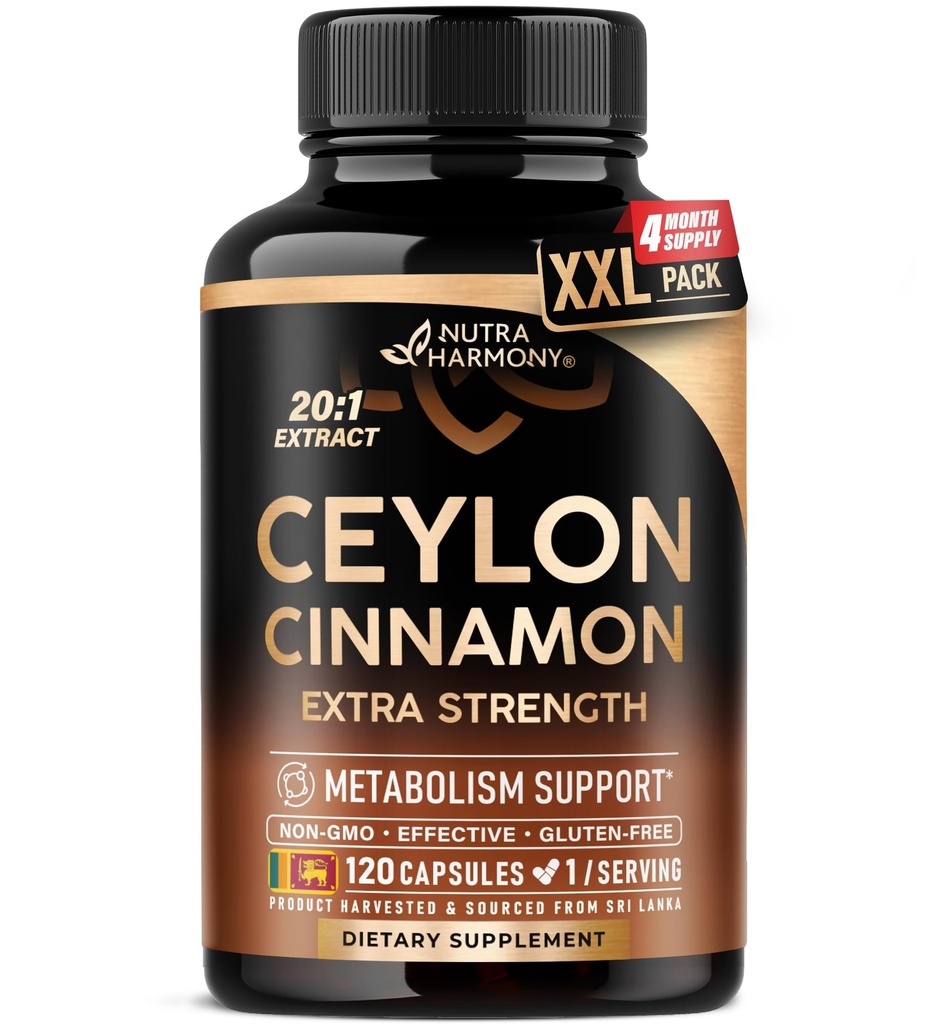 Ceylon Cimet Kapsule - Dodatna moč - Energija, srce in Presnova Podpora - za moške in ženske - Čisti naravni ekstrakt 20:1 Dodatek - Izdelano v ZDA - GSO & Gluten Brez, 120 Kapsule, 4 Mesec oskrbe