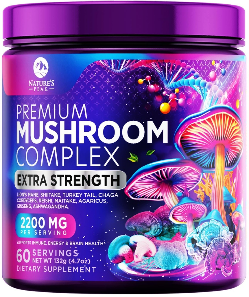Powder 2200mg - 11 v 1 Complex Formula Powder z organskimi levi Mane, Reishi, Cordyceps, Chaga, Turčija Tail Gobe Extract dodatek za spomin in podporo možganov - 60 Serving