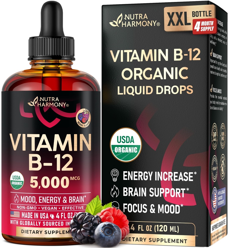 USDA Organski vitamin B12 Podjezične kapljice - 5000 mcg Tekoči vegan metilkobalamin za ženske in moške - energijska okrepitev, fokus & razpoloženje, podpora za zdravje možganov - čim večja absorpcija - 4 mesece oskrba, 4 fl